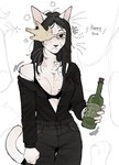 alcohol_bottle alternate_species anthro belt black_bottomwear black_bra black_clothing black_eyes black_hair black_jeans black_pants black_shirt black_topwear black_underwear blush blush_stickers bodily_fluids bottle bottomwear bra breasts bubble cleavage clothed clothing container denim denim_bottomwear denim_clothing drunk drunk_bubble eyewear female glasses hair holding_bottle holding_container holding_object jeans long_hair long_sleeves looking_at_viewer medium_breasts off_shoulder one_eye_obstructed open_clothing open_shirt open_topwear pants shaking shirt solo substance_intoxication sweat sweaty_face tail thigh_gap topwear trembling underwear whiskers raccoattack ena:_dream_bbq coral_glasses_(ena) anthozoan cnidarian coral domestic_cat felid feline felis mammal marine digital_drawing_(artwork) digital_media_(artwork) hi_res