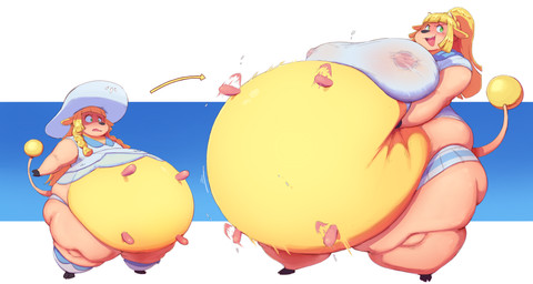 alternate_species anthro belly big_belly big_breasts blonde_hair blue_background blush bodily_fluids bottomwear bouncing_teats breasts breasts_and_teats clothing cloven_hooves confident demi_transformation embarrassed fat_legs female green_eyes hair hand_on_belly hat headgear headwear hoof_hands hooves horn huge_belly huge_breasts hyper hyper_belly implied_transformation lactating lactating_through_clothing looking_at_viewer morbidly_obese morbidly_obese_anthro morbidly_obese_female nipples obese obese_anthro obese_female overweight overweight_anthro overweight_female ponytail sequential_arrow simple_background skirt solo sun_hat surprised tail teats thick_thighs tight_clothing tight_topwear topwear transformation transformation_sequence translucent translucent_clothing translucent_topwear udders weight_gain wet wet_clothing wet_topwear white_background wide_hips subakitsu nintendo pokemon lillie_(pokemon) bovid bovine generation_2_pokemon mammal miltank pokemon_(species) alternate_version_at_source hi_res sequence