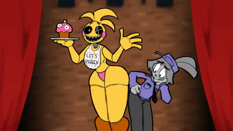 4_fingers ambiguous_gender anthro beakless belt birthday_candle black_eyes black_necktie black_nose black_sclera blue_clothing blue_hat blue_headgear blue_headwear blue_topwear bottomwear breasts brown_body buckteeth butt clothing eyebrows eyelashes female female_anthro fingers food fur glistening_eyelids grey_body grey_bottomwear grey_clothing grey_ears grey_fur grey_hair grey_neck grey_pants grey_teeth group hair hand_on_chin hand_on_hip hand_on_knee hand_on_leg hand_on_own_chin hand_on_own_hip hand_on_own_knee hand_on_own_leg hat headgear headwear holding_platter inside larger_female leaning leaning_forward looking_at_another looking_at_another's_butt looking_at_butt looking_down looking_down_at_butt looking_under_clothing looking_up machine male male_anthro medium_breasts metal_teeth narrowed_eyes necktie on_stage one_eye_closed open_mouth open_smile orange_legs panties pants pink_cheeks pink_clothing pink_head pink_panties pink_underwear platter poking_butt pupils raised_eyebrows red_curtains security security_guard security_uniform sharp_teeth size_difference smile teeth text text_on_bib thick_thighs topwear triangle_nose trio underwear white_bib white_eyes wide_hipped_anthro wide_hipped_female wide_hips yellow_body yellow_breasts yellow_butt bav five_nights_at_freddy's five_nights_at_freddy's_2 scottgames cupcake_(fnaf) toy_chica_(fnaf) vab_(bav) animal_humanoid animatronic avian avian_humanoid bird bird_humanoid chicken_humanoid food_creature galliform galliform_humanoid humanoid lagomorph leporid living_cupcake mammal phasianid rabbit robot robot_humanoid 16:9 2024 2d_animation animated digital_media_(artwork) english_text loop short_playtime widescreen