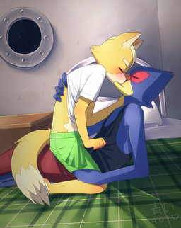 anthro beak bed blue_body blue_feathers blush boxers_(clothing) clothing duo eyes_closed feathers furniture green_clothing green_underwear hand_in_pants intimate kissing making_out male male/male male_on_bottom male_on_top on_bed on_bottom on_top romantic romantic_couple shirt space straddling tank_top topwear underwear undressing aoiuchuu nintendo star_fox falco_lombardi fox_mccloud avian bird canid canine fox mammal watermark
