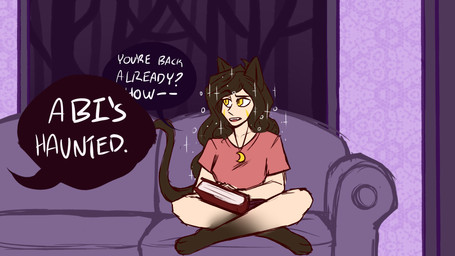3_toes animal_ears animal_feet black_hair book closed_book clothed clothed_female clothed_humanoid clothing dialogue eyebrows facial_markings feet female front_view furniture hair head_markings holding_book holding_object inside long_hair looking_aside markings medium_comic moon_pendant offscreen_character on_sofa open_mouth pupils raised_eyebrow red_clothing red_shirt red_topwear shirt sitting sitting_on_sofa slit_pupils sofa solo sparkles sparkling_hair speech_bubble tail talking_to_another teeth text toes tongue_showing topwear wall_(structure) white_sclera yellow_eyes yellow_markings kiingkiismet animal_humanoid felid felid_humanoid feline feline_humanoid humanoid mammal mammal_humanoid 16:9 2021 comic digital_drawing_(artwork) digital_media_(artwork) english_text flat_colors full-length_portrait hi_res portrait widescreen