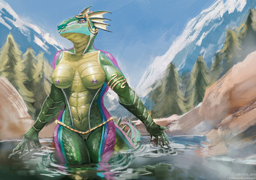 anthro blue_markings bracelet breasts contiguous_snout ear_fins female fin forest forest_background genitals gold_(metal) gold_jewelry green_body jewelry jewelry_only markings mountain mountain_background nature nature_background navel nipples non-mammal_breasts non-mammal_navel non-mammal_nipples nude nude_anthro nude_female partially_submerged plant pond purple_markings scale_markings scales solo spiked_tail spikes spikes_(anatomy) tail thick_thighs tree ventral_scales vulva water wide_hips yellow_eyes kronte bethesda_game_studios microsoft the_elder_scrolls glimmer-scales_(maaarked_one) argonian lizard reptile scalie digital_media_(artwork)
