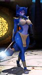 anthro blue_body blue_ears blue_fur blue_hair blue_tail bottomwear breasts clothed clothing female fingers footwear fur hair holding_object jewelry krystal's_staff loincloth looking_at_viewer midriff shadow solo tail topwear yamimarik1994 warfaremachine_(modeler) nintendo star_fox krystal_(star_fox) warfare_krystal canid canine fox mammal 3d_(artwork) 4k 9:16 absurd_res digital_media_(artwork) hi_res