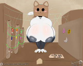 anthro armwear big_breasts big_butt box box_on_head breasts brown_background butt clothed clothing collar container female fur grey_hair hair huge_breasts leggings legwear looking_at_viewer mask nipples simple_background solo thick_thighs topless topless_anthro topless_female white_body white_fur masterj291 patreon domestic_cat felid feline felis mammal 2026 digital_media_(artwork) hi_res