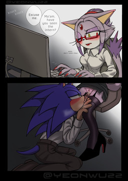 alternate_universe anthro blush bottomwear chair clothing computer cunnilingus duo electronics female footwear furniture high_heels kneeling legwear long_nails male male/female miniskirt office_chair office_clothing office_lady oral risky_sex sex shoes skirt speech_bubble stockings text under_table vaginal yeoon sega sonic_the_hedgehog_(series) blaze_the_cat sonic_the_hedgehog domestic_cat eulipotyphlan felid feline felis hedgehog mammal english_text hi_res