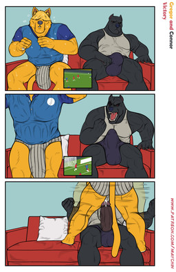 anthro balls_outline biceps bodily_fluids bulge celebrating clothing detailed_bulge dripping duo erection erection_under_clothing fingers fur furniture genital_fluids genital_outline genitals goal hair hair_over_eyes humanoid_genitalia humanoid_penis humor jumping leaking_precum male male/male muscular muscular_anthro muscular_male open_mouth penis pillow precum precum_drip shirt sitting sofa sweat sweatdrop tank_top tenting topwear underwear watching_television maychin connor_(maychin) gregor_(maychin) canid canine canis domestic_dog mammal pit_bull absurd_res comic digital_media_(artwork) hi_res