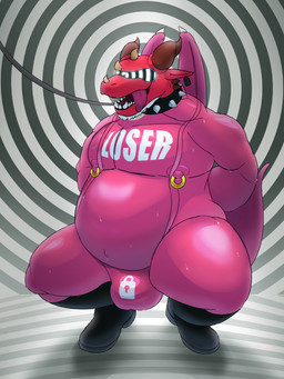 abstract_background bulge clothing collar drone hypnosis hypnotic_visor latex latex_clothing latex_skinsuit leash lock_bulge lock_symbol mind_control nipple_piercing nipples null_bulge piercing skinsuit spiked_collar spikes spiral_background tight_clothing tongue tongue_out xyldroth_(artist) mythology dragon mythological_creature mythological_scalie scalie absurd_res hi_res