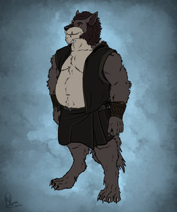 anthro armor beer_belly belly belt big_belly bottomwear bracers brown_body brown_fur clothing digitigrade fur grey_body grey_fur hair homebrew kilt leather male navel overweight overweight_male red_eyes shirtless_male smile snaggle_tooth solo standing tail tied_hair topwear vest yenocwolf mythology ulrik_eklund canid canine mammal mauken mythological_canine mythological_creature werecanid werecanine werecreature werewolf 5:6 absurd_res hi_res