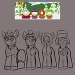 clothed clothed_feral clothing feral group hat headgear headwear hoodie jacket male ponification quadruped smile topwear fkk comedy_central hasbro my_little_pony south_park eric_cartman fan_character kenneth_mccormick kyle_broflovski stanley_marsh equid equine horse mammal pony 1:1 2020 absurd_res hi_res line_art sketch