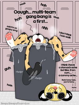 after_gangbang after_sex anthro black_spots bodily_fluids cum cum_everywhere cum_inside cum_on_face cum_on_feet dazed dialogue feet female fur genital_fluids inside_trash_can locker locker_room markings mascot_costume messy moan solo spots spotted_body spotted_fur tail tail_motion tailwag text yellow_body yellow_fur lupopossum opie_(lupopossum) cheetah felid feline mammal english_text hi_res