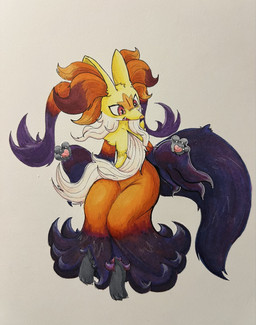 3_fingers 3_toes ambiguous_anthro ambiguous_gender anthro arm_tuft biped black_body cheek_tuft chest_tuft claws cute_fangs digitigrade facial_tuft fangs feet finger_claws fingers front_view fur handpaw hip_tuft inner_ear_fluff multicolored_body multicolored_fur nude_ambiguous nude_anthro open_mouth open_smile orange_body orange_eyes orange_fur orange_inner_ear_fluff orange_nose pawpads paws pink_pawpads purple_body purple_fur purple_inner_ear_fluff purple_tail shoulder_tuft smile solo tail teeth toe_claws toes tongue tuft white_body white_claws white_fur yellow_body yellow_fur stuffmadebymelol nintendo pokemon pokemon_legends_z-a canid generation_9_pokemon mammal mega_delphox mega_evolution pokemon_(species) 2026 colored full-length_portrait hi_res marker_(artwork) portrait shaded traditional_media_(artwork)