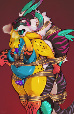 anthro arm_spikes bdsm belly black_nipples blue_belly blue_breasts blue_teeth bodily_fluids bondage bound bound_together bow_ribbon breasts duo female freckled_shoulders freckles genital_fluids genitals head_on_shoulder holidays horn looking_pleasured male male/female multiple_piercings muscular muscular_anthro muscular_male nipples overweight overweight_anthro overweight_female penis piercing pseudo_hair purple_penis purple_tongue ribbon_bondage ribbon_restrained ribbons sex shoulder_spikes spikes spikes_(anatomy) teeth tentacle_clitoris tentacle_hair tentacles thigh_sex tongue tongue_out vaginal_fluids seraphictiger new_year hazard_(latexslug) terror_(fabtool) aquatic_gastropod felid gastropod mammal marine mollusk nudibranch pantherine sea_slug slug tiger absurd_res hi_res