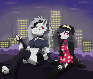 4_fingers anthro beak beanie black_clothing black_nose bottomwear choker cigarette cigarette_smoke city city_background cityscape clothing collar detailed_background digitigrade duo ear_piercing ear_ring eyebrow_piercing eyebrow_ring eyelashes eyeshadow facial_piercing feathers female fingerless_gloves fingers fur gloves grey_body grey_feathers grey_fur hair handwear hat headgear headwear jewelry legwear long_hair makeup necklace pants piercing red_clothing red_sclera ring_piercing shirt sitting smile smoke smoke_from_nose spiked_collar spikes topwear geowuff hellaverse helluva_boss mythology loona_(helluva_boss) octavia_(helluva_boss) avian bird canid canid_demon canine demon hellhound mammal mythological_canine mythological_creature owl owl_demon 2022 digital_media_(artwork) hi_res signature