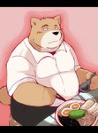 anthro belly big_belly black_nose blush bottomwear brown_body clothing food kemono male overweight overweight_male pants sitting solo snow_utamaru canid canine canis domestic_dog mammal 2022 half-length_portrait hi_res portrait