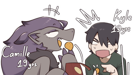 anthro biped black_body black_fur black_hair bodily_fluids clothed clothing duo eyebrows eyelashes eyeliner female food fur grey_body grey_fur hair makeup male multicolored_body multicolored_fur open_mouth open_smile purple_body purple_fur simple_background smile sweat text tongue svkhaiminh nintendo pokemon generation_5_pokemon human mammal pokemon_(species) zoroark hi_res