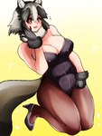 black_hair blush breasts brown_eyes cleavage clothed clothing female footwear gloves grey_hair hair handwear high_heels inner_ear_fluff legwear leotard multicolored_hair open_mouth shoes short_hair solo tights tuft isna kemono_friends raccoon_dog_(kemono_friends) animal_humanoid canid canid_humanoid canine canine_humanoid humanoid mammal mammal_humanoid raccoon_dog_humanoid 3:4 hi_res