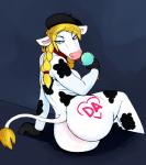 2017 anthro beret big_butt blonde_hair bodily_fluids bovid bovine braided_hair breasts butt cattle clothing colored dairy_air dessert ear_piercing eyelashes female food gloves hair handwear hat headgear headwear heart_symbol hi_res hladilnik ice_cream looking_back mammal mascot nude piercing saliva saliva_string solo tattoo