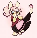 2018 4_toes anthro blue_eyes bottomwear canid canine canis clothing domestic_dog eyewear feet female glasses gloves_(marking) hair hand_on_face heart_symbol herding_dog hi_res legwear lizcorgi looking_at_viewer mammal markings noyii pastoral_dog pawpads pink_background pink_hair pink_pawpads shorts simple_background smile solo stockings toes welsh_corgi