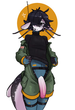 anthro barbel_(anatomy) big_penis biped black_hair bodysuit bomber_jacket bottomwear cargo_pants clothing ear_fins electronics fin foreskin genitals hair harness headgear headphones headset huge_penis jumpsuit leg_harness male overalls pale_eyes pale_skin pants penis penis_poking_out pink_penis pockets ribbed_clothing ribbed_sweater short_hair skinsuit sneaking_suit solo spy sweater tail thick_tail tight_clothing topwear turtleneck unzipped_bodysuit whiskers catlad otto_(catlad) aquatic catfish fish digital_media_(artwork) hi_res portrait three-quarter_portrait