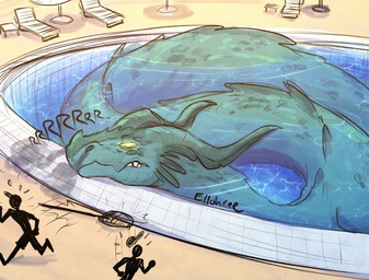 ambiguous_gender awake clothed clothing feral furniture group growling hat headgear headwear horn outside partially_submerged poolside running scales silhouette size_difference smoke smoke_from_nose swimming_pool table text tired trio umbrella water ellohcee mythology dragon human mammal mythological_creature mythological_scalie scalie 2022 english_text signature story story_in_description