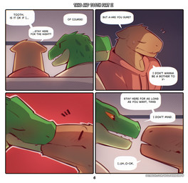 anthro bedroom_eyes brown_body clothing dialogue duo eyes_closed green_body hoodie kiss_on_lips kissing male male/male narrowed_eyes page_number seductive speech_bubble surprise_kiss surprised text topwear wolfanine tang_(wolfanine) tooth_(wolfanine) alligator alligatorid capybara caviid crocodilian mammal reptile rodent scalie absurd_res comic english_text hi_res multiple_scenes url