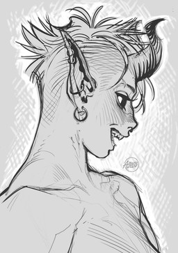 ear_piercing ear_ring eyelashes facial_piercing female hair horn humanoid_pointy_ears logo nose_piercing nose_ring open_mouth piercing pointy_ears ring_piercing septum_piercing septum_ring sharp_teeth short_hair simple_background solo teeth text azuza humanoid 2024 artist_logo artist_name bust_portrait dated hi_res monochrome portrait