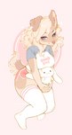 anthro blue_clothing blue_eyes blue_shirt blue_t-shirt blue_topwear bottomwear clothed clothing ear_piercing ear_ring ear_stud eyelashes female floppy_ears fur glistening glistening_eyes holding_object holding_plushie legwear looking_at_viewer mouth_closed piercing pink_bottomwear pink_clothing plushie ring_piercing shirt simple_background solo t-shirt tail tail_motion tailwag tan_body tan_fur topwear white_clothing white_legwear white_shirt white_t-shirt white_topwear sonyan cinnamoroll sanrio cinnamon_(cinnamoroll) faline_(jush) canid mammal hi_res