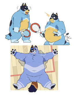 accessory anthro belly bodily_fluids breath clenched_teeth emanata eyebrows featureless_crotch fur headband holding_object impact_lines lying male moobs narrowed_eyes nude on_back overweight overweight_anthro overweight_male panting pawpads simple_background solo sport standing sweat teeth tennis tennis_racket tongue tongue_out tuft white_background quanjiang bluey_(series) bandit_heeler stripe_heeler australian_cattle_dog canid canine canis cattledog domestic_dog herding_dog mammal pastoral_dog 2023 3:4 absurd_res hi_res brother_(lore) brothers_(lore) sibling_(lore)