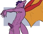 anthro balls eyes_closed genitals hair male penis purple_body purple_hair solo tail wings isakalts mythology zoham dragon mythological_creature mythological_scalie scalie hi_res