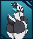 anthro big_breasts big_butt black_body blue_eyes breasts butt curvy_figure female hair huge_butt lips looking_at_viewer machine rear_view side_boob simple_background smile solo thick_thighs voluptuous white_body wide_hips neormk android_lillia android canid canine canis mammal robot wolf