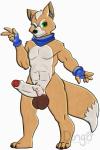 anthro balls big_balls big_penis canid canine color_edit colored dingots erection foreskin fox fox_mccloud genitals green_eyes hi_res humanoid_genitalia humanoid_penis male mammal muscular muscular_anthro muscular_male nintendo penis sejha simple_background solo star_fox thick_penis third-party_edit white_background
