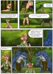 anthro binoculars bottomwear clothing comic cracking dialogue dialogue_box english_text female forest group hi_res hut hyena jungle lizardman loincloth male mammal nana_(mithrilfoxsheppard) onomatopoeia plant reptile ruanshi scalie sound_effects speech_bubble tent text tree tribal trio village