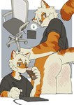 anthro biped blue_eyes butt chair countershade_butt countershade_face countershade_fur countershade_neck countershade_tail countershading drawing_tablet eyebrows fur furniture hair kemono male office_chair orange_body orange_fur solo tail white_hair milkybot hu_ku_li_(milkybot) domestic_cat felid feline felis mammal 2024 hi_res