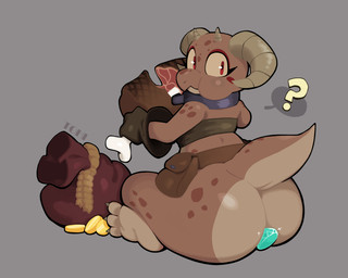 anthro big_butt bottom_heavy brown_body brown_clothing brown_gloves brown_handwear brown_scales brown_topwear butt clothing coin coin_bag eating eating_food eating_meat eyelashes feet female food gloves grey_background handwear holding_food holding_meat holding_object horn huge_butt looking_at_viewer looking_back looking_back_at_viewer meat question_mark rear_view red_eyes scales simple_background sitting solo tan_horn topwear yellow_sclera theonehornedimp piko_(simplifypm) kobold scalie hi_res