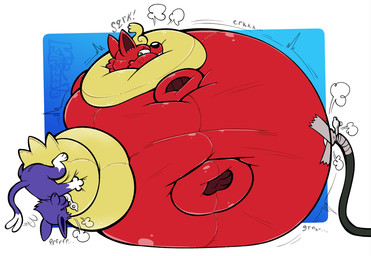 air_inflation belly belly_expansion big_belly blue_background body_inflation creaking expansion fur green_eyes groan hose hose_in_navel hose_inflation huge_belly hyper hyper_belly immobile inflatable inflation logo nozzle purple_body purple_fur red_body simple_background spherical_inflation text kafrizzzle nintendo pokemon chapeon shelby_(chapeon66) animate_inanimate eeveelution espeon flareon generation_1_pokemon generation_2_pokemon living_inflatable pokemon_(species) 2023 artist_logo artist_name hi_res