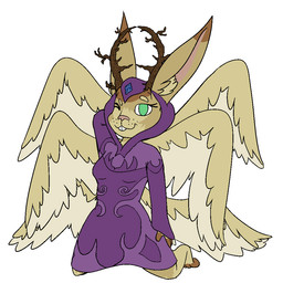 5_fingers 5_toes anthro blue_gem breasts clothing dress feet female fingers fur furred_wings gem green_eyes hood horn kneeling looking_at_viewer one_eye_closed pose purple_clothing purple_dress sleeves slim small_breasts small_waist solo tan_body tan_fur toes wings wink winking_at_viewer anonymous_artist dungeons_and_dragons hasbro wizards_of_the_coast aileen_degruise harengon 1:1 pinup