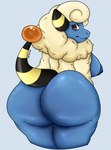absurd_res anthro areola big_breasts big_butt blue_areola blue_background blue_body blue_fur blue_nipples bovid bratcatt breasts brown_eyes butt caprine eyelashes female fur generation_2_pokemon hi_res horn huge_butt looking_at_viewer looking_back looking_back_at_viewer mammal mareep markings nintendo nipples nude pokemon pokemon_(species) simple_background solo striped_markings striped_tail stripes tail tail_markings thick_thighs white_body white_fur wide_hips
