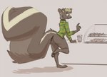 anthro bakery big_tail bottomless bottomless_male butt cafe casual_exposure clothed clothing femboy male public public_nudity solo tail vanillayote vanilla_(vanillayote) mammal mephitid skunk