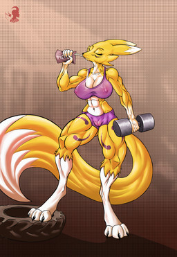 abs anthro big_breasts bra breasts camel_toe cleavage clothed clothing drinking exercise eyes_closed female genital_outline long_tail messy muscular muscular_anthro muscular_female nipple_outline solo sport sports_bra sports_panties sportswear tail thick_thighs translucent translucent_clothing underwear vulva_outline weightlifting weights wet wet_clothing wide_hips workout verakultura bandai_namco digimon canid canine digimon_(species) mammal renamon absurd_res hi_res