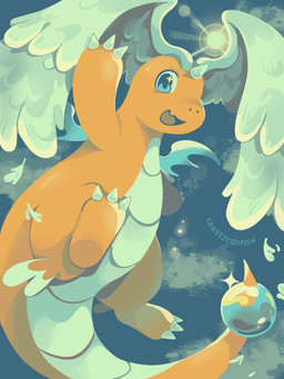 ambiguous_gender anthro claws cloud fangs feathered_wings feathers featureless_crotch looking_at_viewer membrane_(anatomy) membranous_wings multi_wing open_mouth orange_body solo sparkles tail teal_eyes teeth tongue unusual_wing_placement wings candyje11fish mythology nintendo pokemon dragon generation_9_pokemon mega_dragonite mega_evolution mythological_creature mythological_scalie pokemon_(species) scalie 2025 hi_res signature