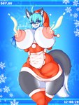 anthro areola big_areola big_breasts big_nipples blue_eyes blue_hair blush bodily_fluids breasts fangs female hair holidays huge_breasts lactating milk nipples one_eye_closed projectile_lactation snow snowflake solo teeth wide_hips aceymari christmas hanul canid canine canis domestic_dog mammal 3:4 absurd_res hi_res