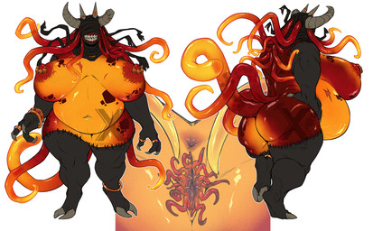 anus bandage belly big_breasts big_butt breasts butt claws elderly_female female horn nipple_piercing nipples piercing sharp_teeth smile solo teeth tentacles teratophilia cosmicdanger scorn_(homura) demon humanoid monster model_sheet