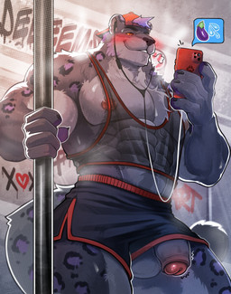 animal_print anthro athletic_wear blush blush_lines bottomwear bulge bulge_from_behind cellphone clothing egg electronics excited foreskin fur genitals gym_bottomwear gym_shorts hair headphones leopard_print male melanistic message metro muscular muscular_anthro muscular_male nipples nude nude_anthro nude_male pecs penis penis_poking_out penis_through_leghole phone pink_hair shorts smartphone speech_bubble subway translucent translucent_clothing translucent_topwear yellow_eyes deeeems apple_inc. iphone felid feline leopard mammal pantherine snow_leopard absurd_res hi_res