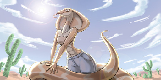 5_fingers abs anthro apode athletic athletic_anthro athletic_female big_tail bottomwear breasts cactus clothed clothing cloud day desert detailed_background female fingers legless long_neck long_tail looking_at_viewer low-angle_view outdoor_nudity outside pants plant serpentine shadow sky solo sun tail tongue tongue_out topwear white_sclera latiar mina_(flying_afro) cobra draconcopode naga reptile scalie snake 2021 2:1 digital_media_(artwork) hi_res