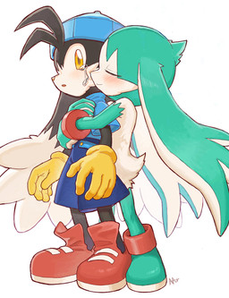 anthro black_body black_fur blue_clothing blue_shirt blue_topwear bodily_fluids bottomwear clothing duo eyes_closed footwear fur gloves green_body green_fur handwear hug hugging_another hugging_from_behind kemono male male/male red_clothing red_footwear red_shoes red_sneakers shirt shoes shorts simple_background sneakers tears topwear white_background yellow_clothing yellow_eyes yellow_gloves yellow_handwear young young_anthro young_male amber_graygamma bandai_namco klonoa_(series) king_of_sorrow klonoa 2023 hi_res