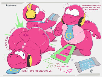 accessory anthro balls barely_visible_balls barely_visible_genitalia barely_visible_penis big_butt butt convenient_censorship electronics genitals headphones male necktie penis pink_body shortstack shortstack_male simple_background solo text thick_thighs white_background capitankoki gameoverse glitch_productions gobbles_(gameoverse) dinosaur prehistoric_species reptile saurischian scalie theropod tyrannosaurid tyrannosauroid tyrannosaurus tyrannosaurus_rex 4:3 absurd_res english_text hi_res