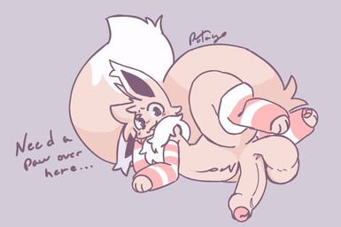 anthro arm_warmers armwear balls big_balls big_penis brown_body brown_fur clothing dialogue erection femboy fluffy fluffy_tail foreskin fur genitals grey_background huge_balls huge_penis humanoid_genitalia humanoid_penis leg_warmers legwear lying male mostly_nude on_side pattern_arm_warmers pattern_armwear pattern_clothing pattern_leg_warmers pattern_legwear penis purple_eyes simple_background solo striped_arm_warmers striped_armwear striped_clothing striped_leg_warmers striped_legwear stripes tail text thick_thighs thigh_highs wide_hips potayo nintendo pokemon eevee generation_1_pokemon pokemon_(species) english_text