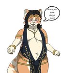 ambiguous_gender anthro black_hair blush bulge cosplay embarrassed eyewear glasses hair male overweight overweight_male shy slightly_chubby solo speech_bubble text gabrycat28 elden_ring fromsoftware felid feline mammal hi_res