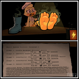 3_toes anthro barefoot bib black_border blush bodily_fluids boots boots_removed border chef_hat clothing embarrassed feet feet_up female foot_focus foot_on_table footwear furniture hat headgear headwear humanoid_feet musk plantigrade shoes shoes_removed smelly smelly_feet smelly_shoes soles solo sweat sweaty_feet table text toes blarf022 fazbear_and_friends five_nights_at_freddy's scottgames chica_(fnaf) classic_chica_(fnaf) avian bird chicken galliform phasianid 2026 absurd_res english_text hi_res
