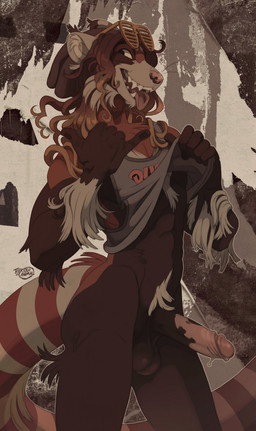 anthro balls bodily_fluids bottomless bottomless_anthro bottomless_male brown_body brown_fur clothed clothing dreadlocks erection eyewear eyewear_on_head fangs fur genitals hair humanoid_genitalia humanoid_penis long_hair male mottled mottled_body mottled_genitalia mottled_penis mottled_skin open_mouth open_smile pattern_background penis pubes red_body red_fur shirt simple_background smile solo sunglasses sunglasses_on_head sweat sweatdrop tank_top teeth tongue tongue_out topwear white_body white_fur terribleanimal ailurid equid equine horse hybrid mammal red_panda hi_res